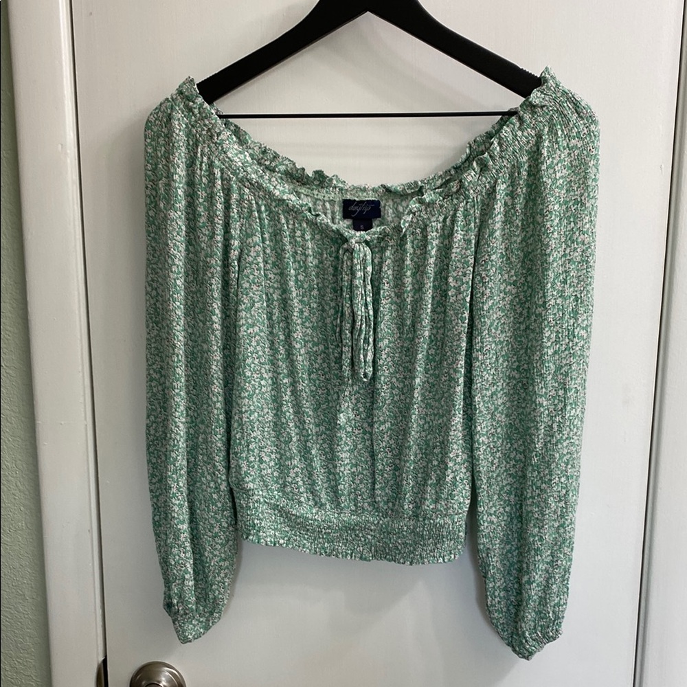 Buckle Green Smocked Blouse with Tie Front and 3/4 Sleeves